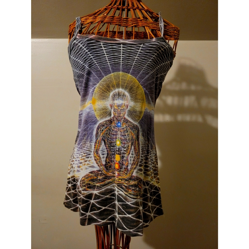 Crystal Tara in Visions Alex Grey graphic dress